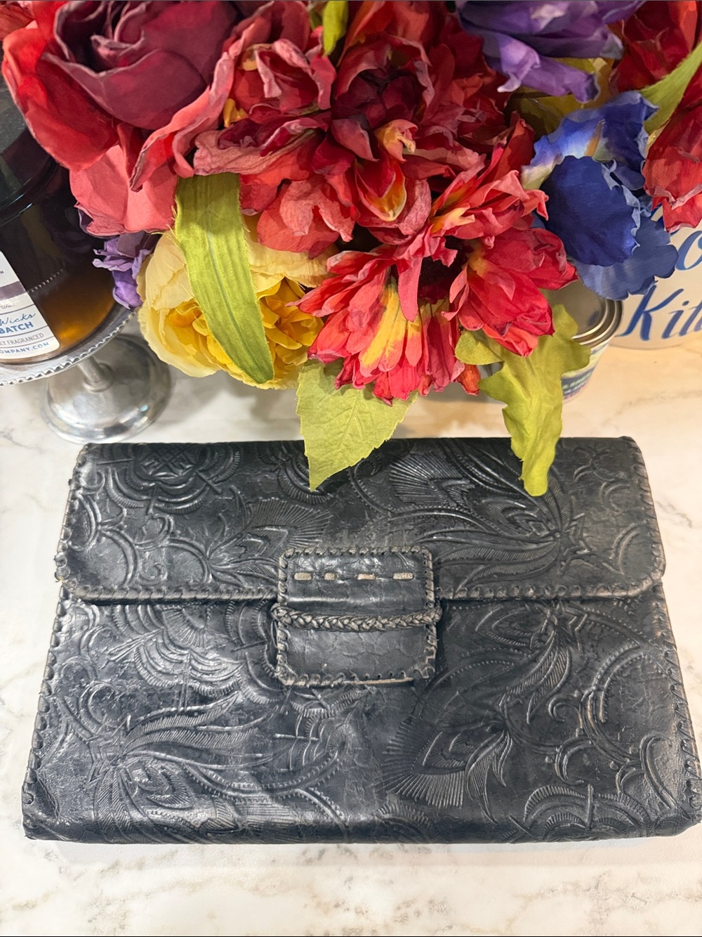 Hand-Tooled Leather Envelope Clutch - Black
